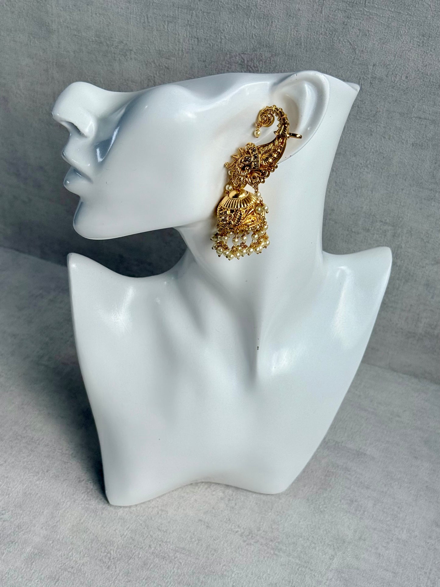 Ayura Designs Anika Jhumkis – Gold Half Ear Cuffs with Floral Motif, Kundan Crystals & Pearl Jhumka Drops