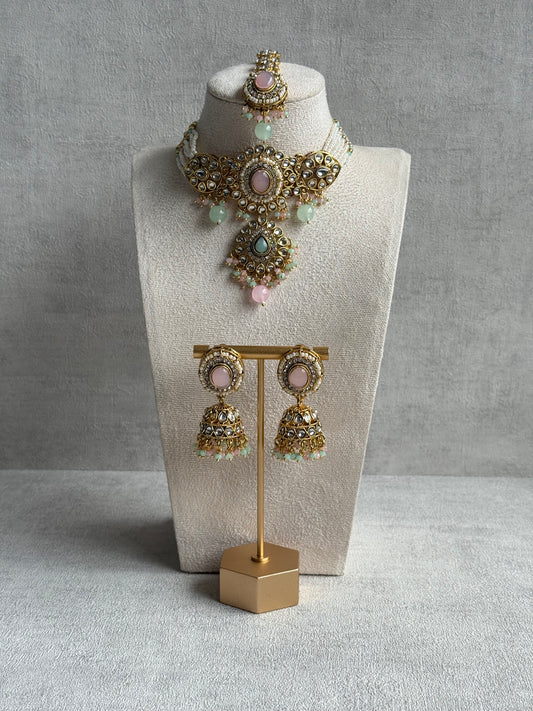Ayura Designs Muskaan Set – Choker, Jhumkis & Tikka with Blush Pink & Mint Beads, Kundan Stones & Antique Gold Finish