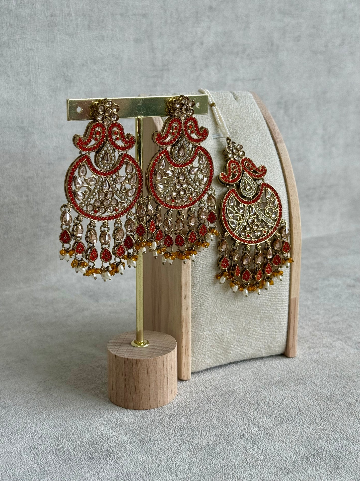 Ayura Designs Anvi Tikka Set with Earrings – Orange with Champagne Stones & Pearl Drops