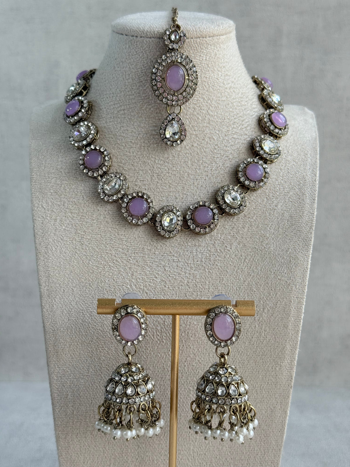 Ayura Designs Eira Necklace Set with Earrings & Tikka – Lilac & Crystal Stones with Antique Gold Finish