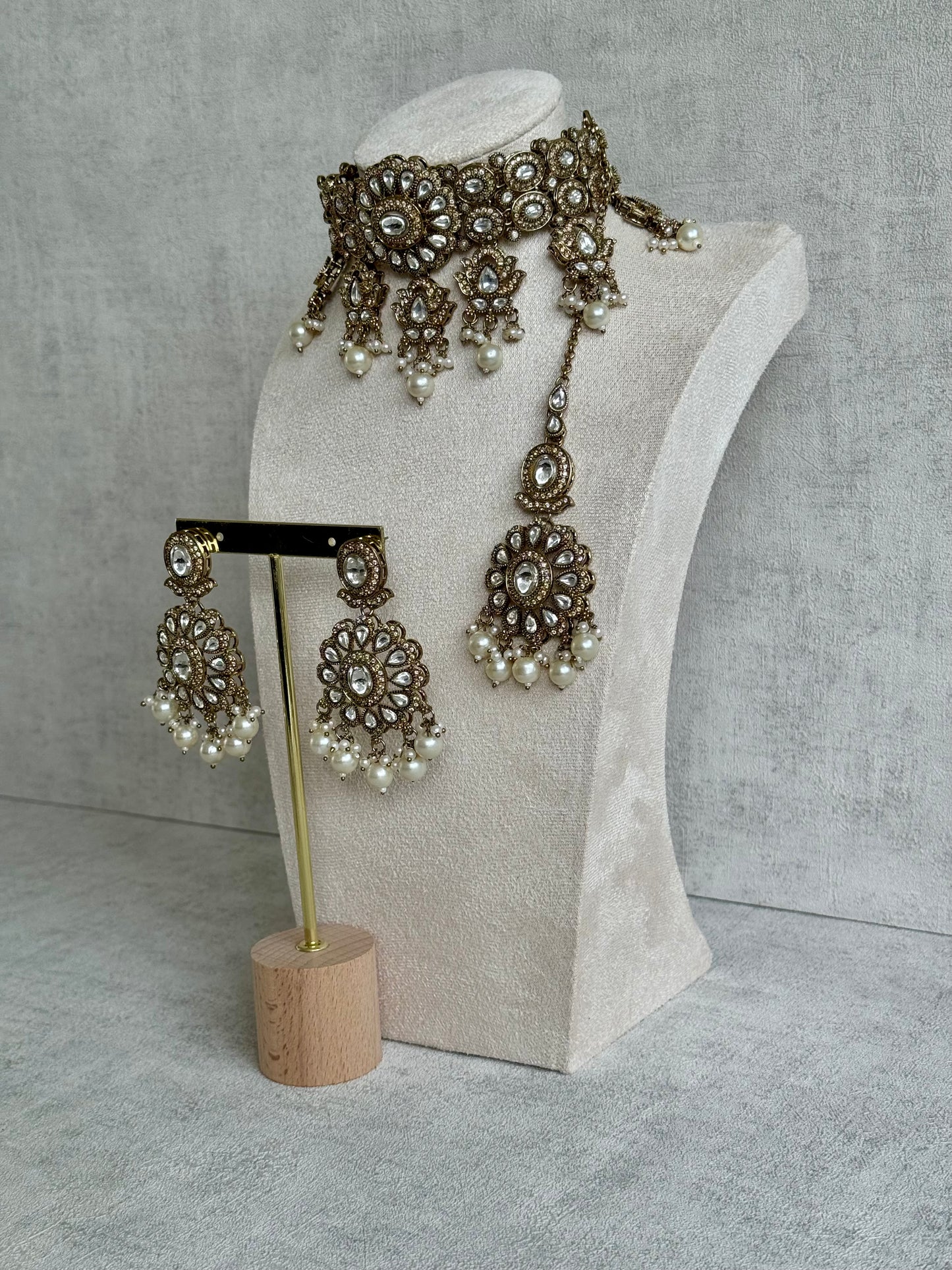 Ayura Designs Nevaya Set with Choker, Earrings & Tikka – Antique Gold with Mirror-Cut Stones & Pearl Drops