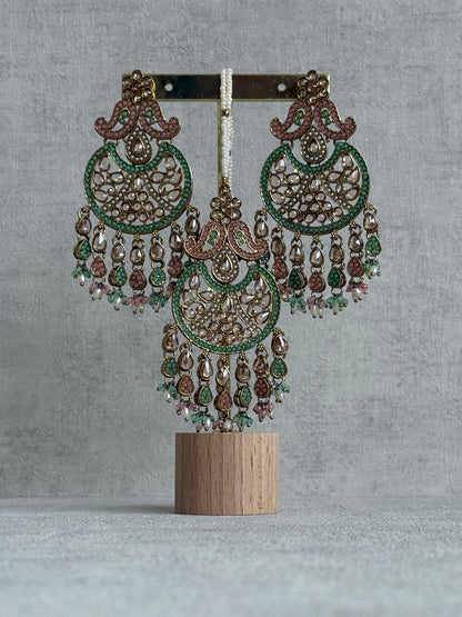 Ayura Designs Anvi Tikka Set with Earrings – Blush Pink & Mint Green with Champagne Stones & Pearl Drops