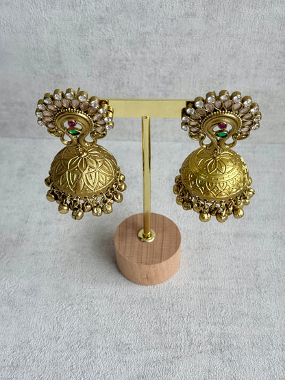Ayura Designs Moraya Jhumkis – Blush Pink Peacock Motif with Antique Gold Detailing