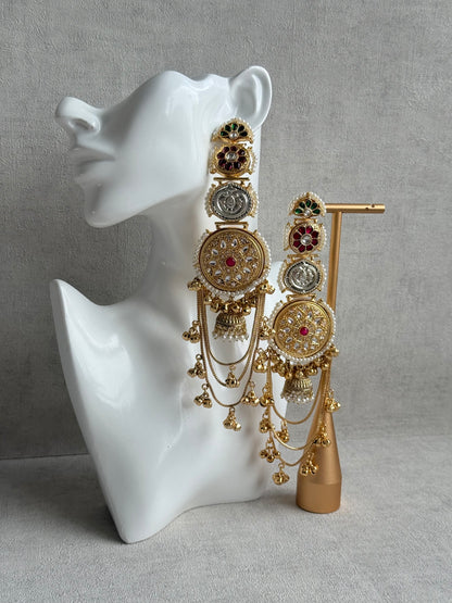 Ayura Designs Zeenia – Statement Kashmiri Earrings with Pearl Borders, Jhumki Drops, Multicolour Meenakari & Ghungroos
