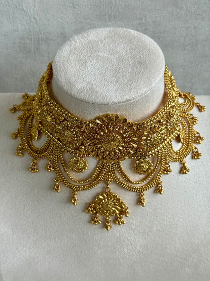 Ayura Designs Sahiban Set – Antique Gold Choker, Earrings & Tikka with Textured Filigree Motifs