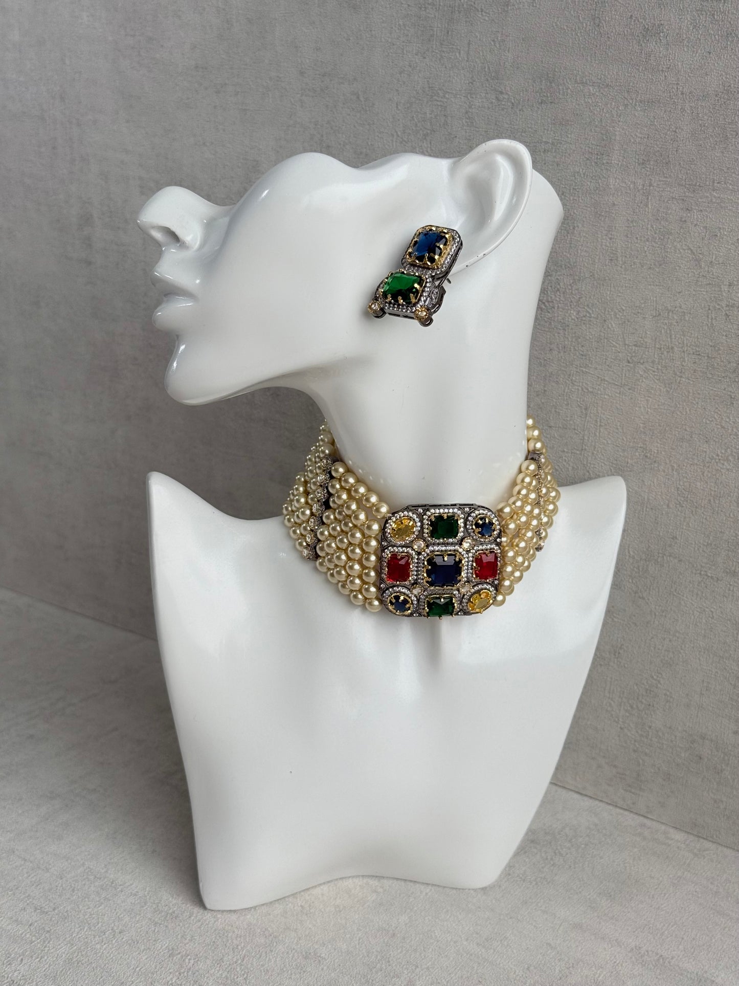 Ayura Designs Amelia Choker Set with Earrings – Moissanite Stonework with Layered Pearls in Antique Silver Finish (Deep Jewel Tones)