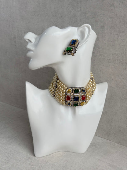 Ayura Designs Amelia Choker Set with Earrings – Moissanite Stonework with Layered Pearls in Antique Silver Finish (Deep Jewel Tones)