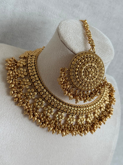Ayura Designs Darya Necklace Set with Earrings & Tikka – Floral Antique Gold Statement Set with Ghungroo Detailing