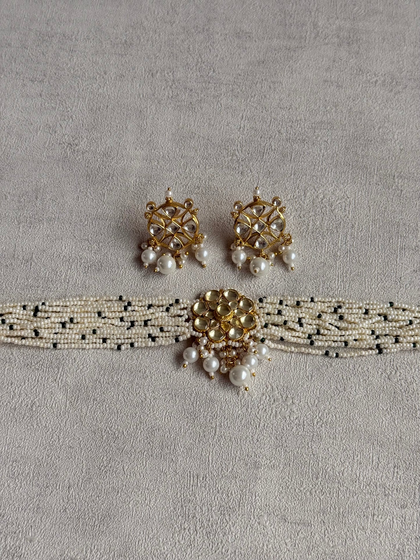Ayura Designs Saaz Kundan Choker Set with Earrings & Pearl Multi Strand Detailing
