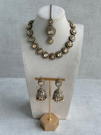 Ayura Designs Eira Necklace Set with Earrings & Tikka – Champagne Gold Crystal Stones with Antique Gold Finish