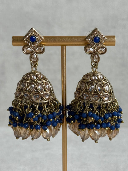 Ayura Designs Rayna Set with Necklace & Tikka – Champagne Crystals, Ink Blue Beads & Antique Gold Finish