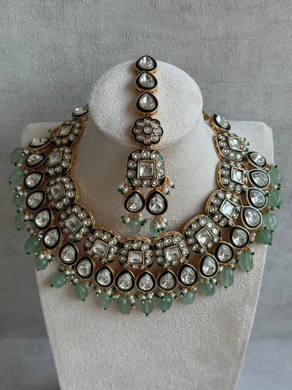 Ayura Designs Salma Set – Necklace, Earrings & Tikka with Mirror-Cut Kundan, Mint Green Beads, Emerald Green Meenakari & Gold Finish