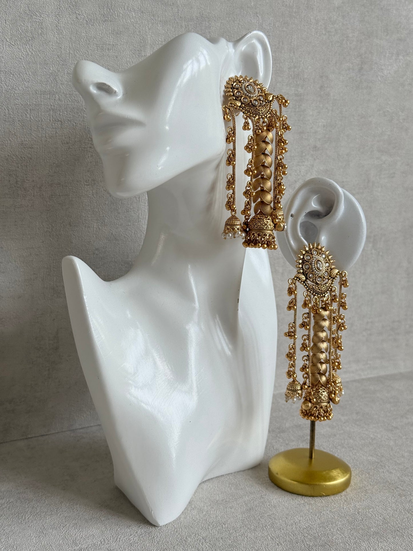 Ayura Designs Ishya Jhumkis – Gold Ghungroo Chain Earrings with Ivory Kundan & Pearls