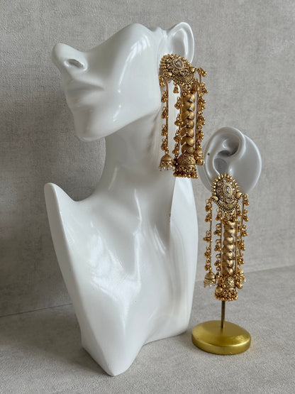 Ayura Designs Ishya Jhumkis – Gold Ghungroo Chain Earrings with Ivory Kundan & Pearls