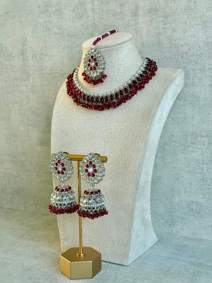 Ayura Designs Saima Set – Necklace, Jhumkis & Tikka in Deep Rose Pink with Silver Finish