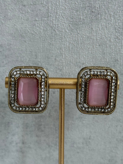 Ayura Designs Nabiha Choker Set with Studs – Blush Pink Stones, Pearl Detailing & Antique Gold Finish