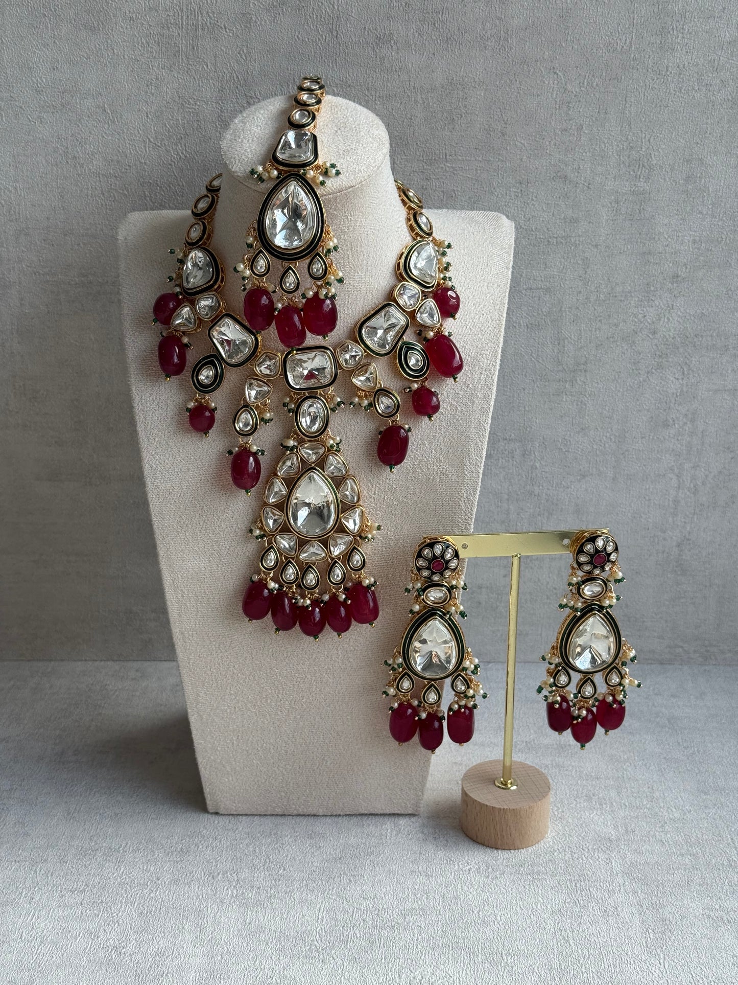 Ayura Designs Serhat Set – Necklace, Earrings & Tikka with Ruby Red Beads, Green Meenakari, Mirror-Cut Polki Stones & Gold Finish