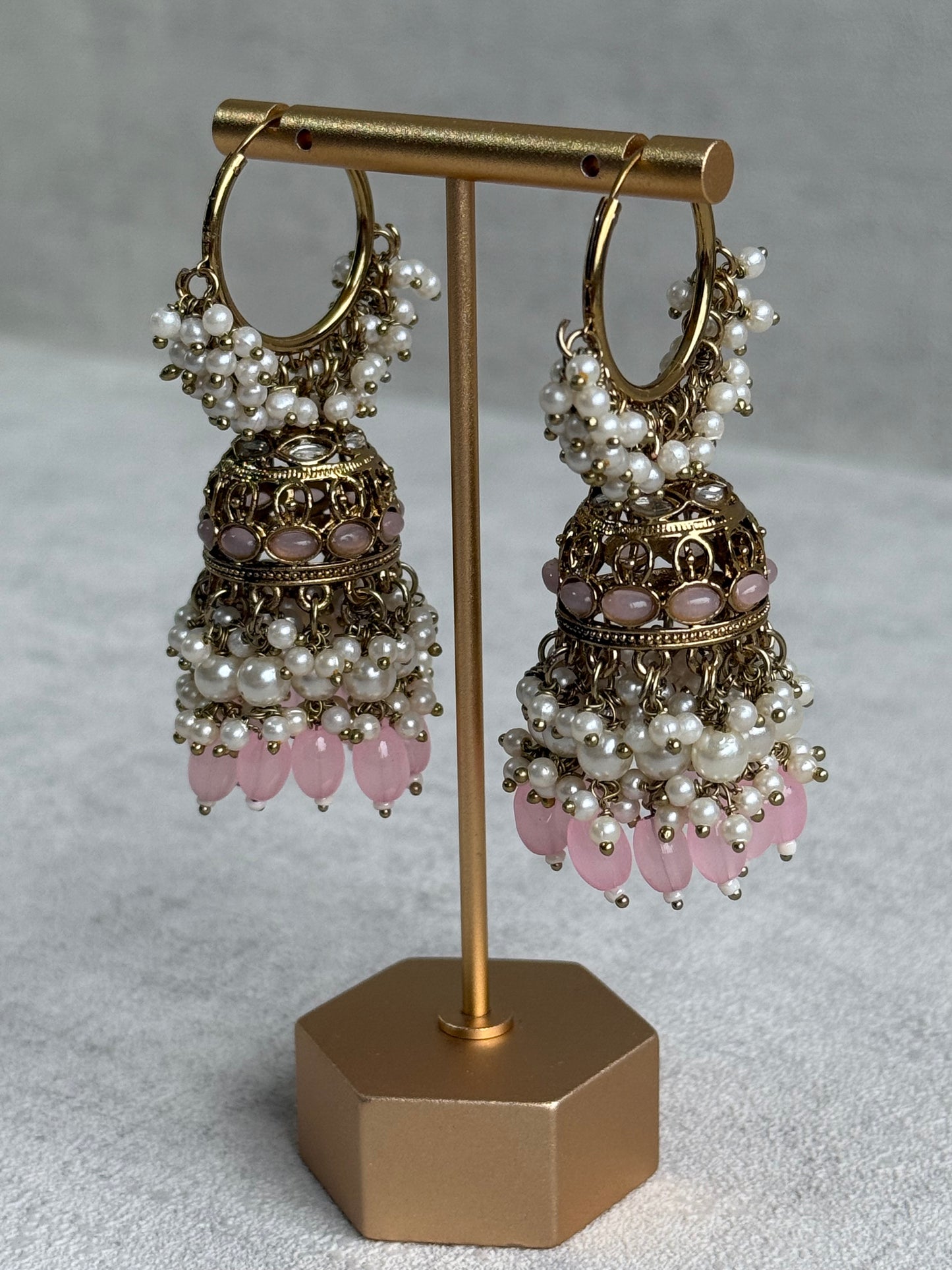Ayura Designs Jugni Jhumkis – Antique Gold Balis with Blush Pink Beads & Pearl Clusters