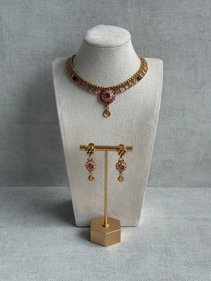 Ayura Designs Nithya Set – Gold Necklace & Earrings with Multicolour Stones and Ruby Centre