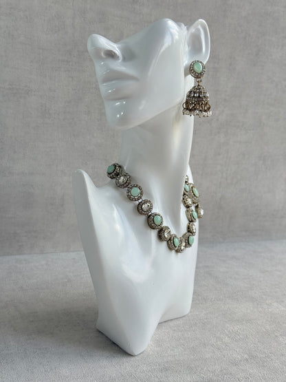 Ayura Designs Eira Necklace Set with Earrings & Tikka – Mint Green & Crystal Stones with Antique Gold Finish