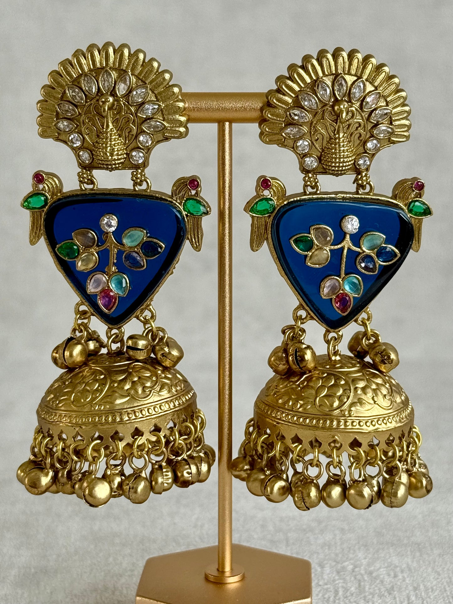 Ayura Designs Makali Earrings – Midnight Blue Enamel with Multicolour Stones & Antique Gold Jhumkis