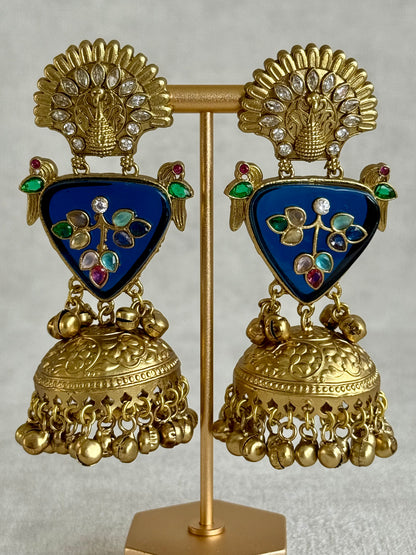 Ayura Designs Makali Earrings – Midnight Blue Enamel with Multicolour Stones & Antique Gold Jhumkis