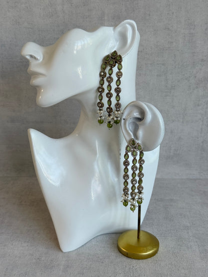 Ayura Designs Emilia Earrings – Gold Triple Strand Statement Earrings with Olive Green Stones & Pearl Drops