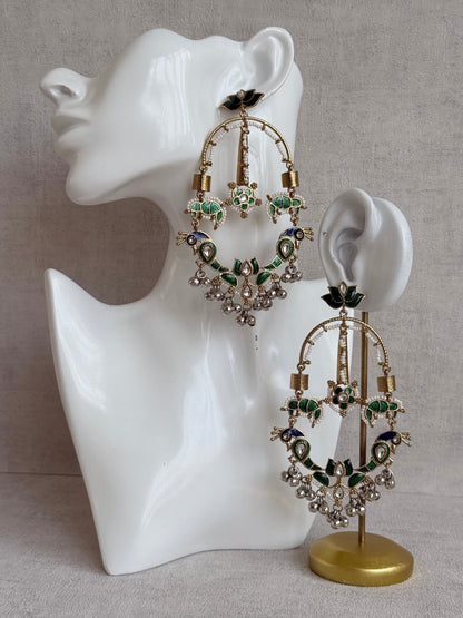 Ayura Designs Zoonpari Earrings – Emerald Green & Blue Meenakari Peacock Chandeliers in Dual Tone with Ghungroos