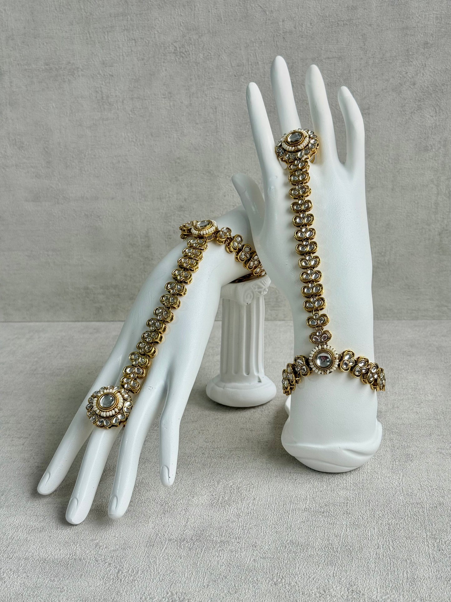 Ayura Designs Maura Haathphool – Antique Gold Hand Harness with Mirror-Cut Stones & Pearl Detailing