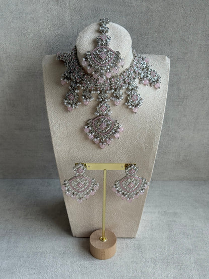 Ayura Designs Kanika Set – Necklace, Earrings & Tikka with Blush Pink Beads, Mirror-Cut Stones & Silver Finish