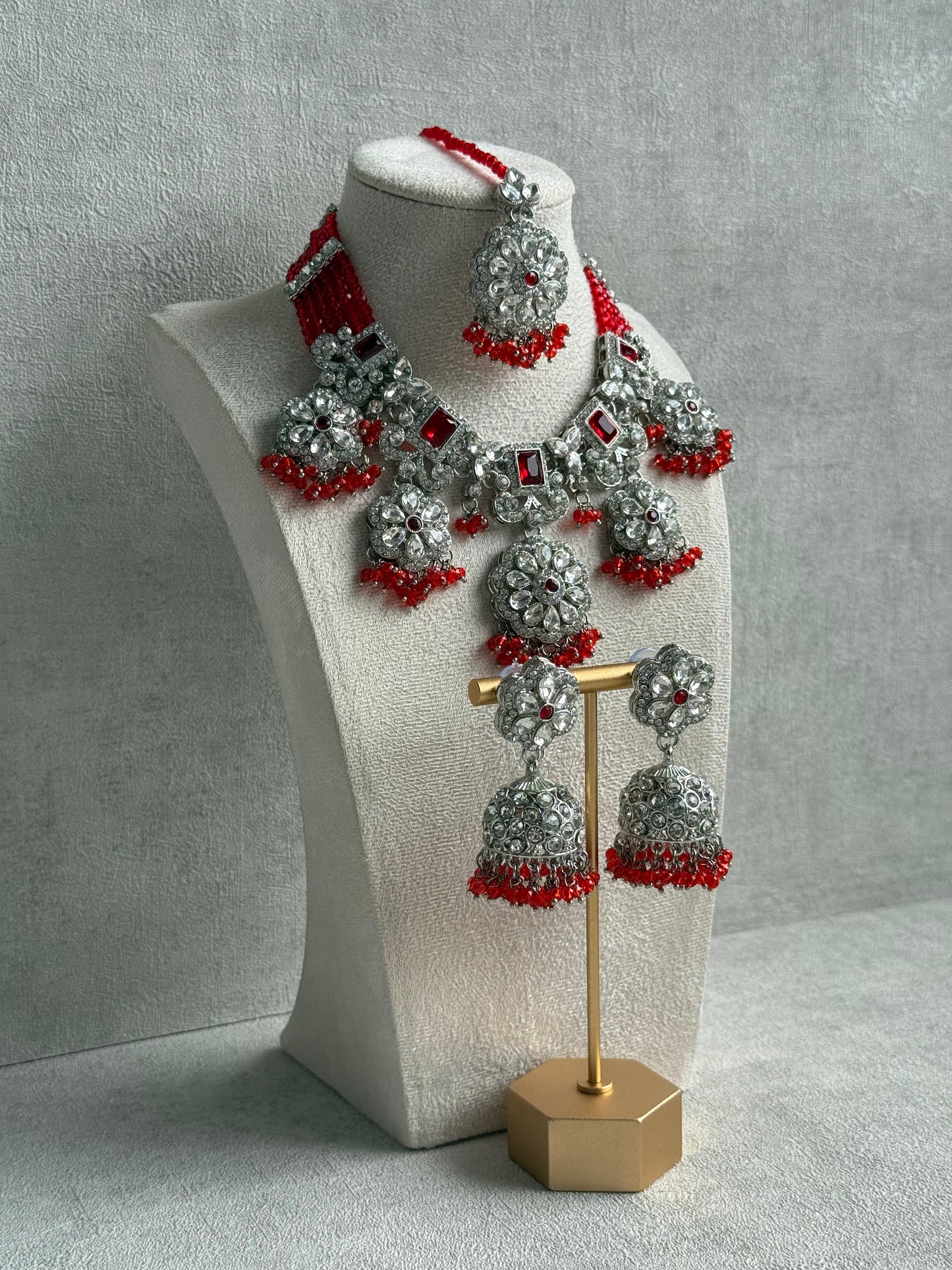 Ayura Designs Zarghuna Set with Jhumkis & Tikka – Orange Beads, Mirror-Cut Stones & Silver Finish