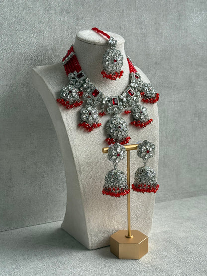 Ayura Designs Zarghuna Set with Jhumkis & Tikka – Orange Beads, Mirror-Cut Stones & Silver Finish