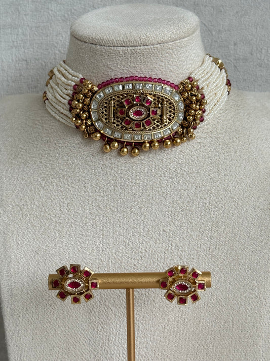 Ayura Designs Amiri Choker Set with Stud Earrings – Ruby Pink Stones, Pearl Strands & Moissanite Detailing