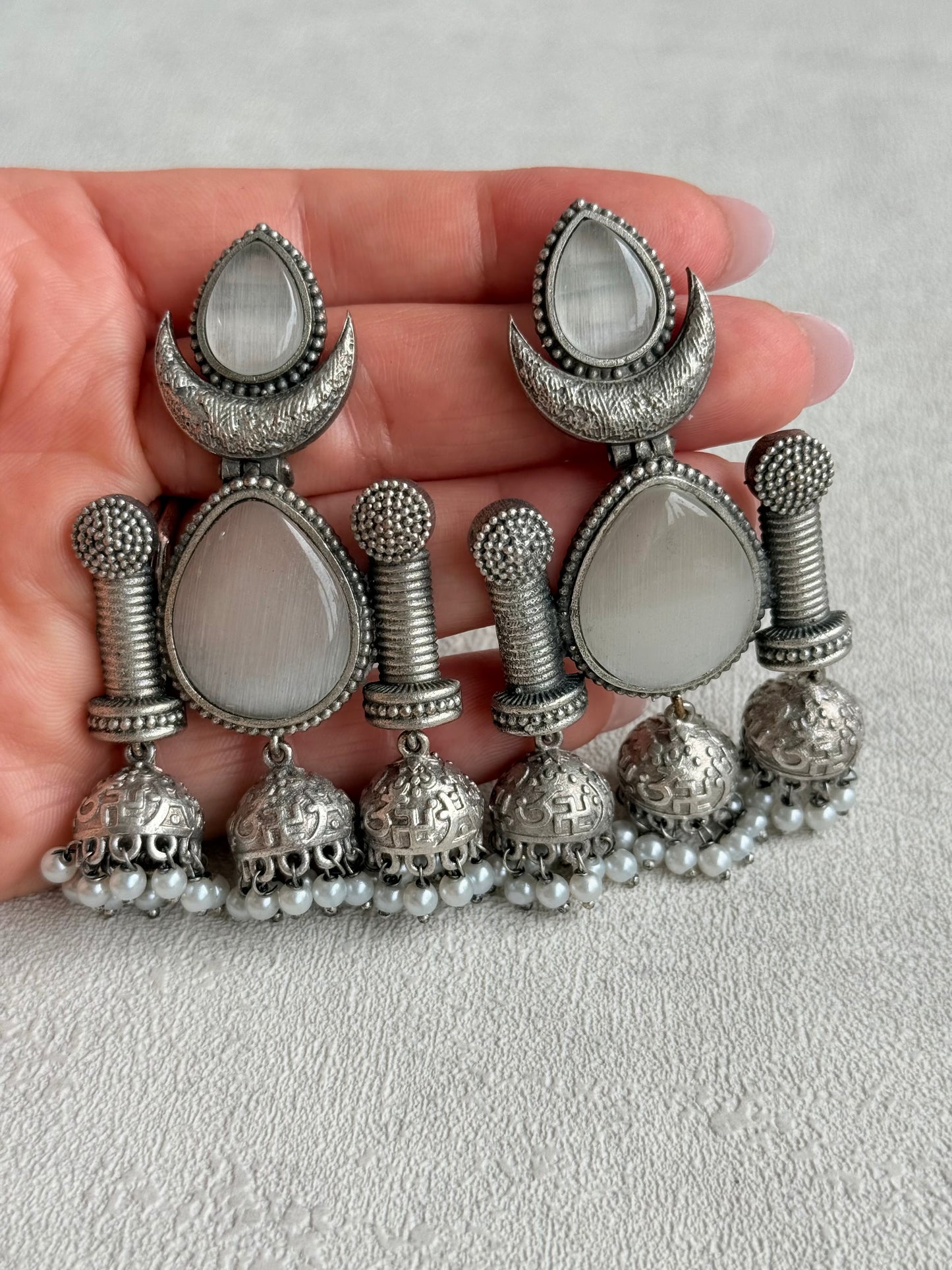 Ayura Designs Qissa Earrings – Oxidised Triple Jhumki Earrings with Opal Grey Stones & Pearl Detailing