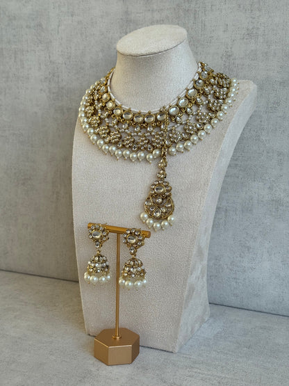 Ayura Designs Tehzeeb Set – Necklace, Tikka & Jhumkas in Antique Gold and Pearls