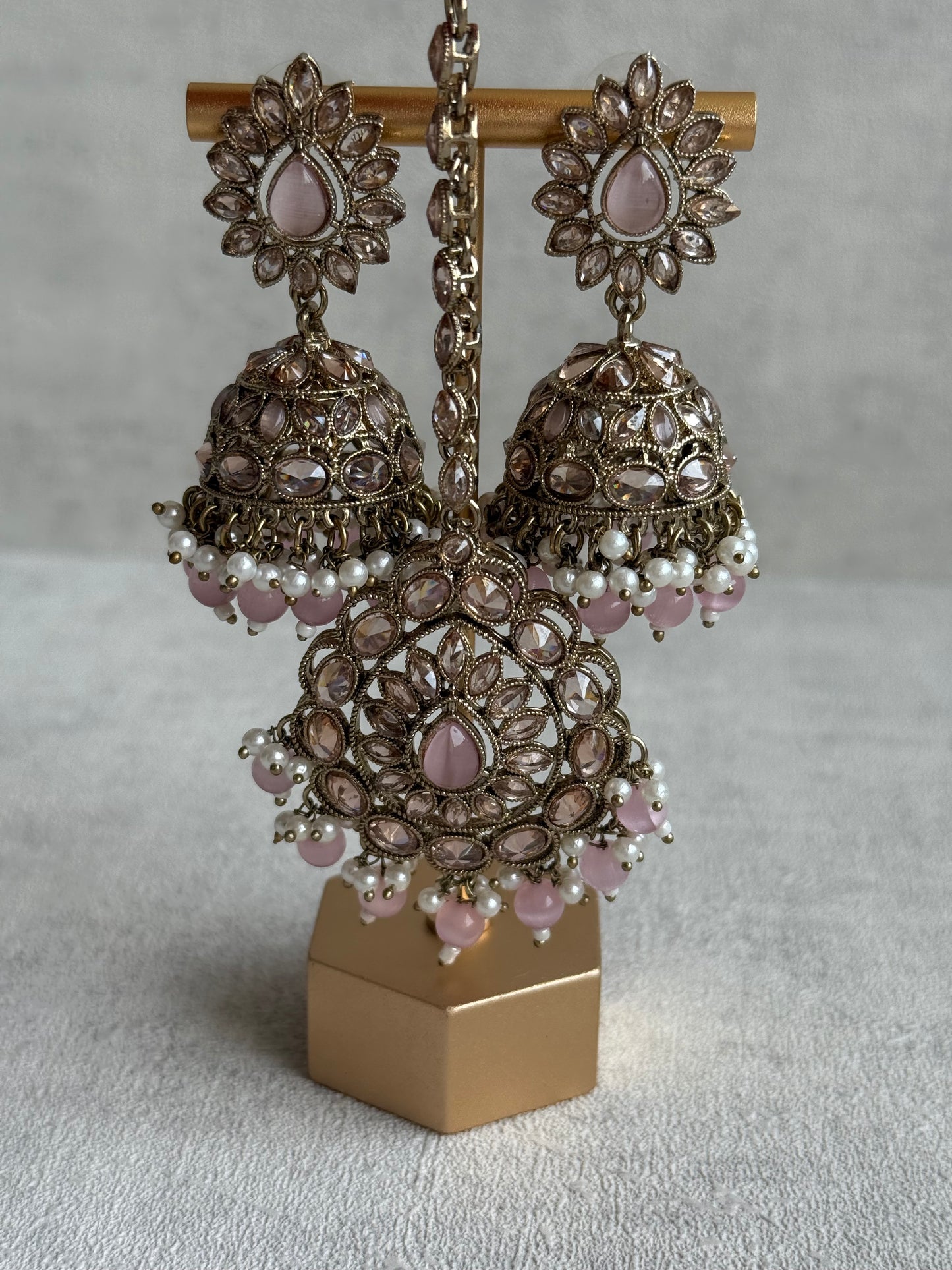 Ayura Designs Emaan Set – Necklace, Jhumkis & Tikka with Blush Pink Stones, Ivory Pearls & Champagne Gold Finish