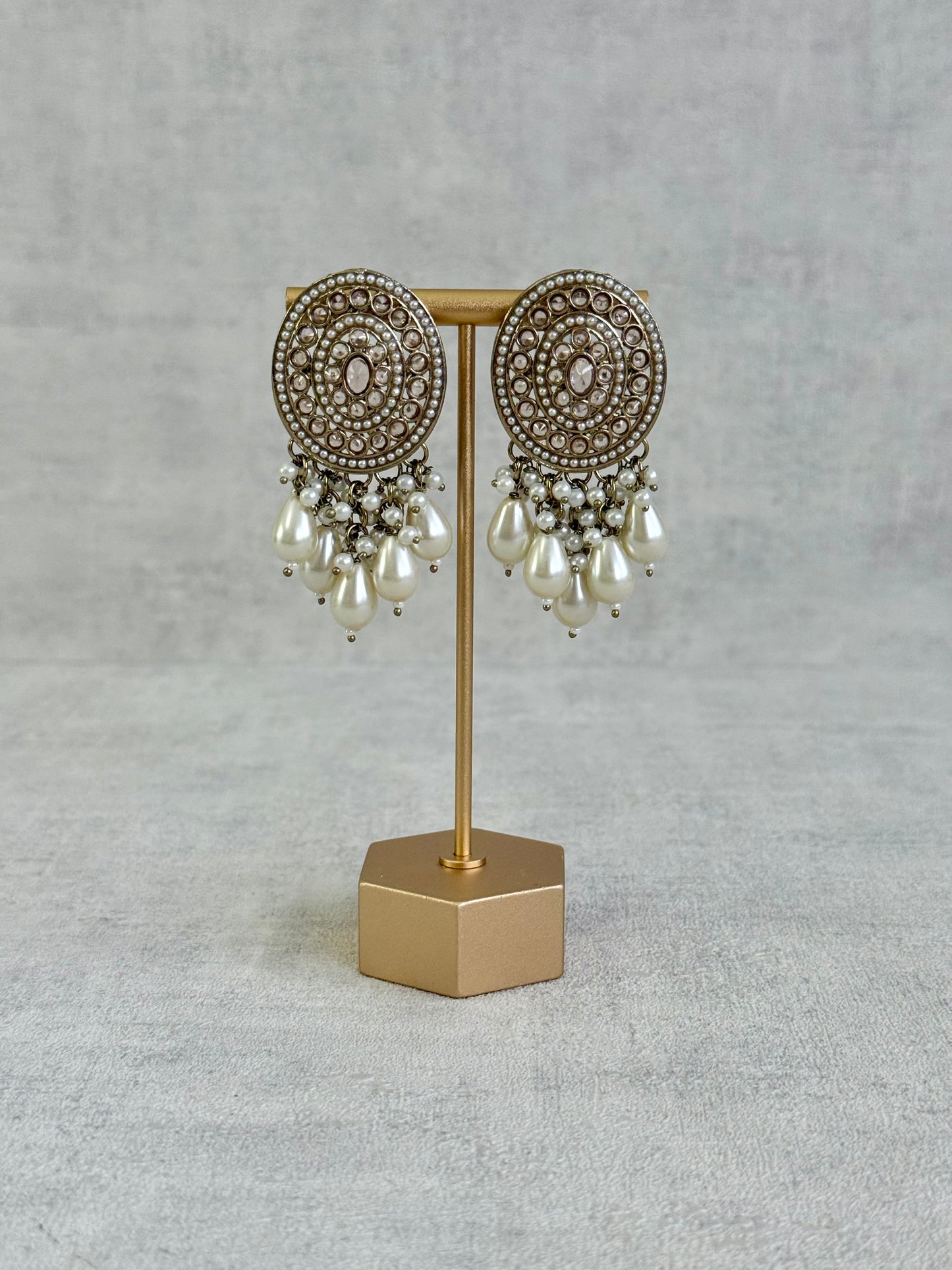 Ayura Designs Aynoor Bloom Circle Earrings – Antique Gold Finish with Mirror-Cut Stones & Pearl Drops