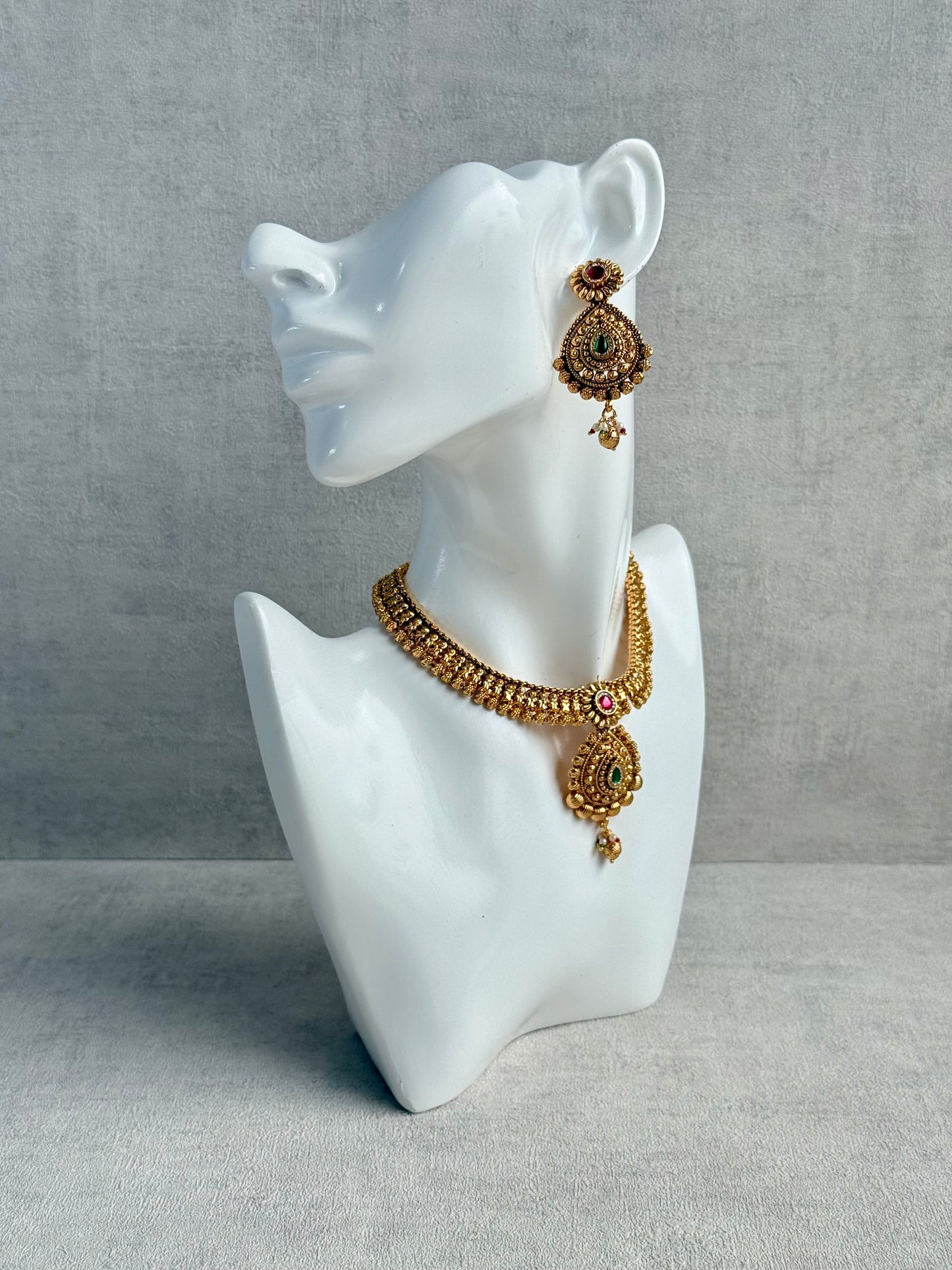 Ayura Designs Ayma Necklace Set with Earrings – Antique Gold Finish with Ruby Pink, Emerald Green & Crystal Detailing