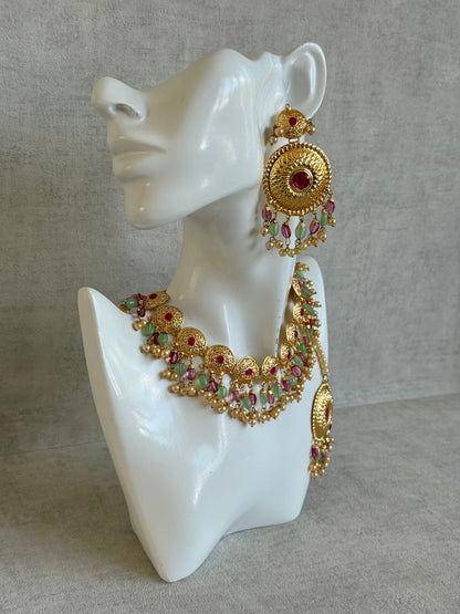 Ayura Designs Jyoti Set with Earrings & Tikka – Gold Disc Necklace with Ruby Pink, Mint Green & Pearl Detailing