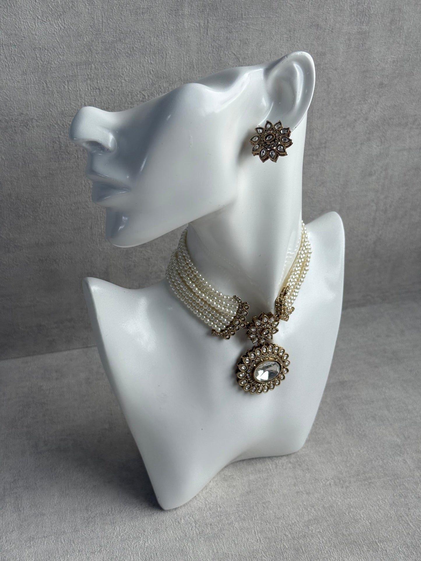 Ayura Designs Amaya Necklace Set with Studs – Antique Finish in Crystal Stones with Pearl Strands