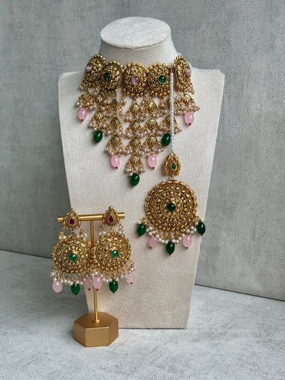 Ayura Designs Zahara Choker Set with Earrings & Tikka – Exquisite Gold Adorned with Pink & Green Gemstones