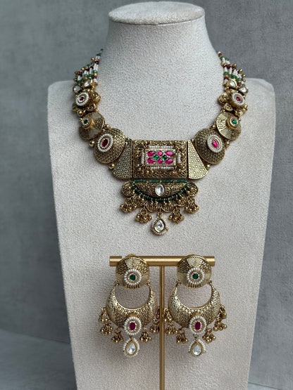 Ayura Designs Purvi Set – Necklace & Earrings with Antique Gold Filigree, Ruby, Emerald & Pearl Detailing