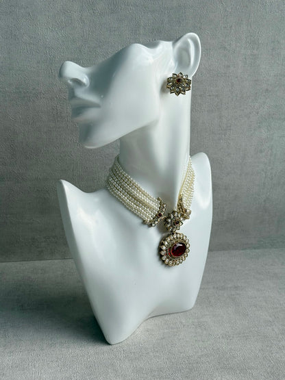 Ayura Designs Amaya Necklace Set with Studs – Antique Finish in Ruby Red Stones with Pearl Strands