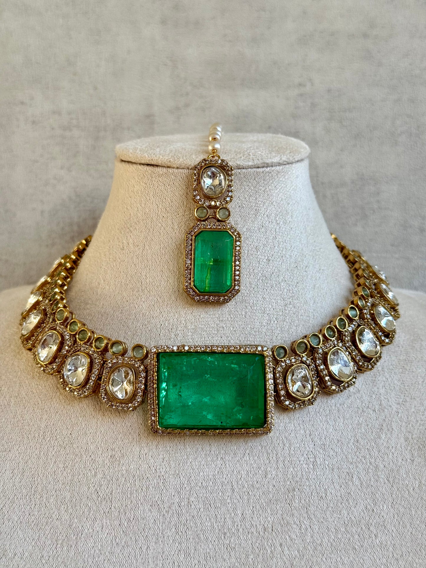 Ayura Designs Clara Set with Earrings & Tikka — Jade Green Moissanite Stones and Antique Gold Finish