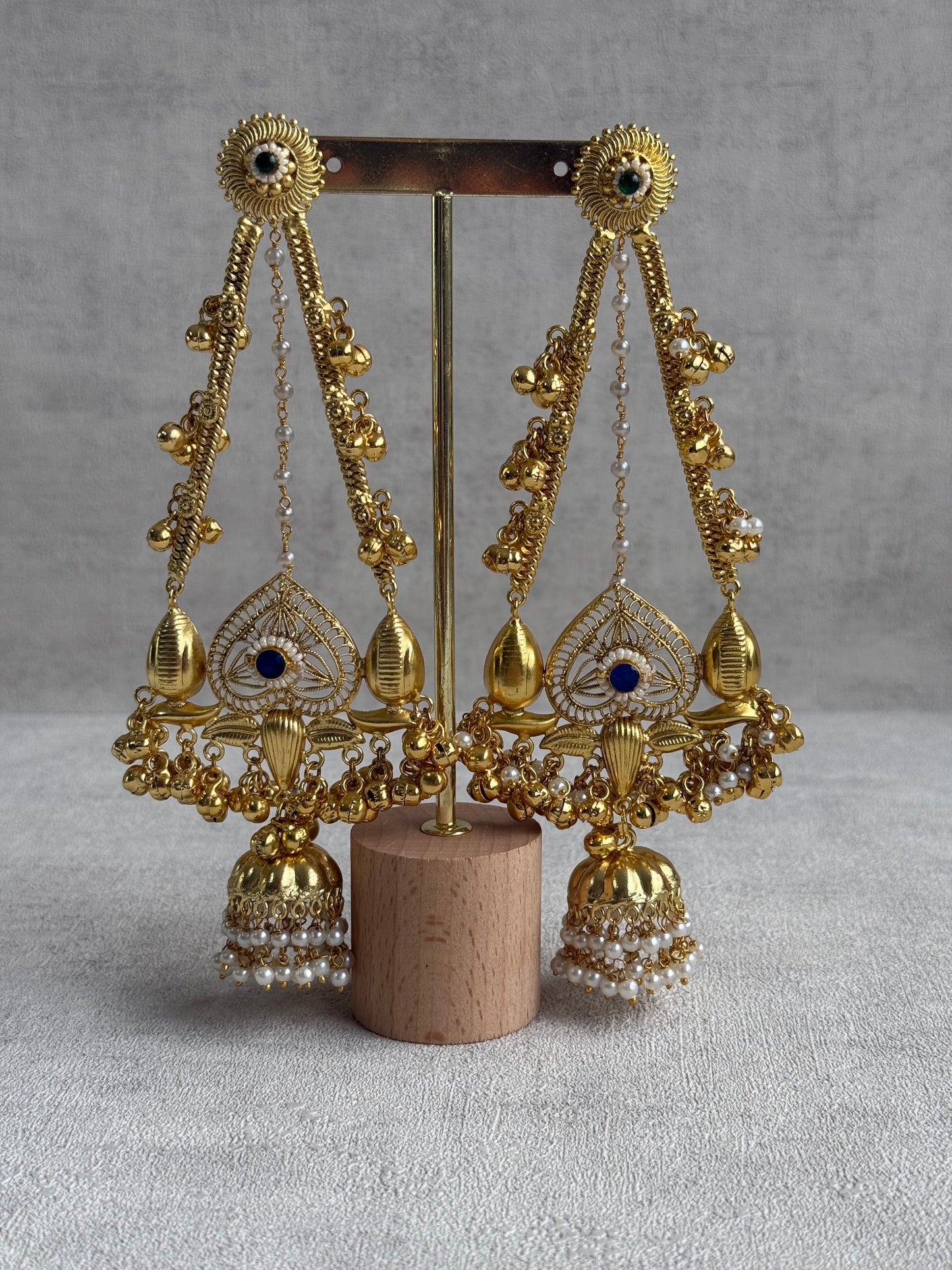 Ayura Designs Teja Earrings – Antique Gold Jhumkis with Blue Stone & Pearl Detailing