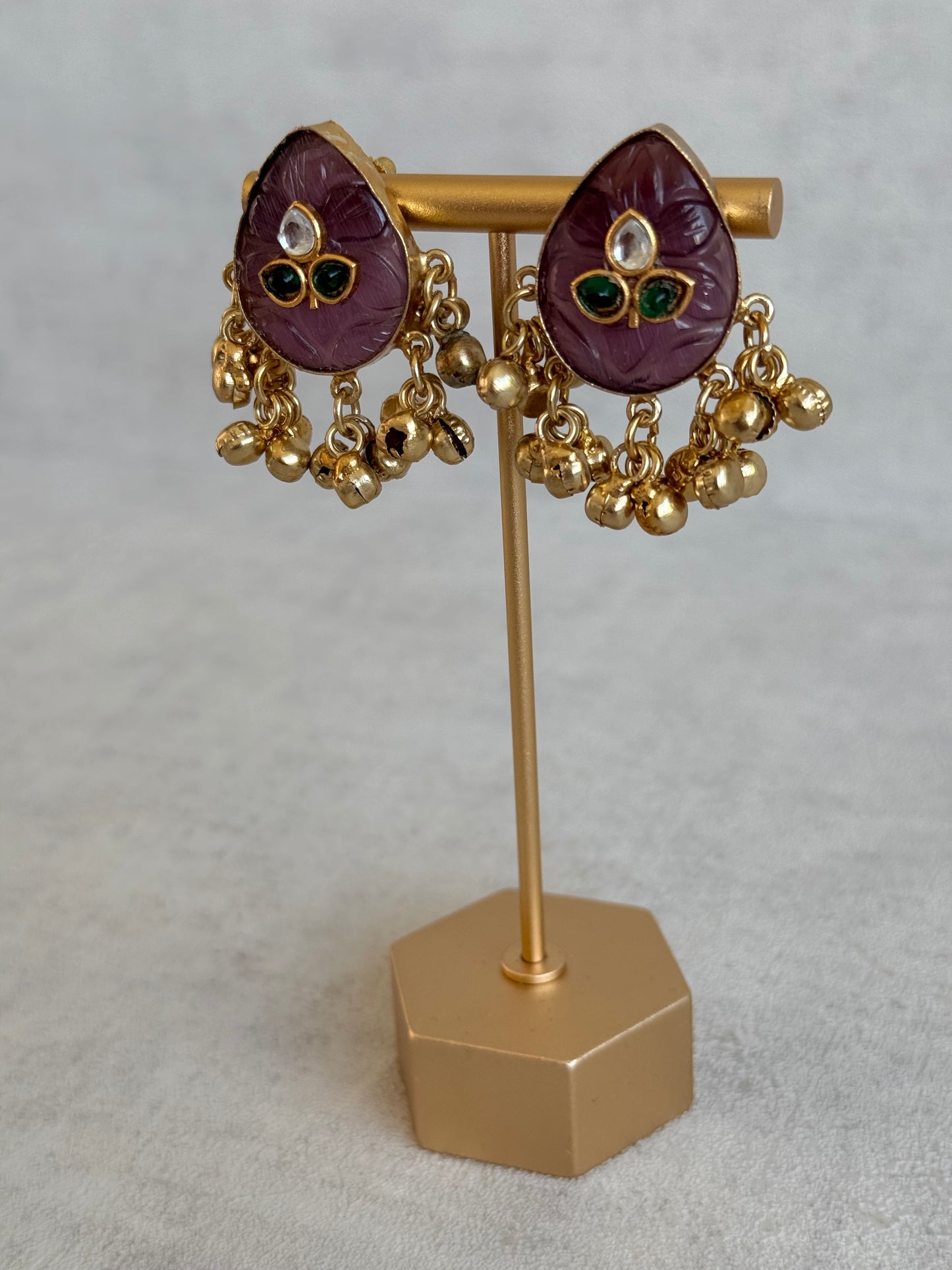 Ayura Designs Aykai Earrings – Plum Carved Teardrop Stud Earrings with Clear Kundan Stones and Gold Ghungroo Drops