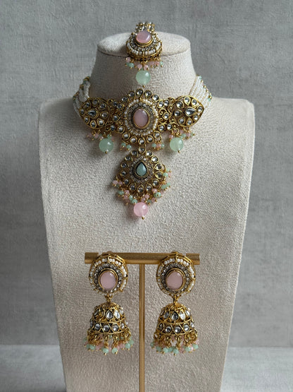 Ayura Designs Muskaan Set – Choker, Jhumkis & Tikka with Blush Pink & Mint Beads, Kundan Stones & Antique Gold Finish