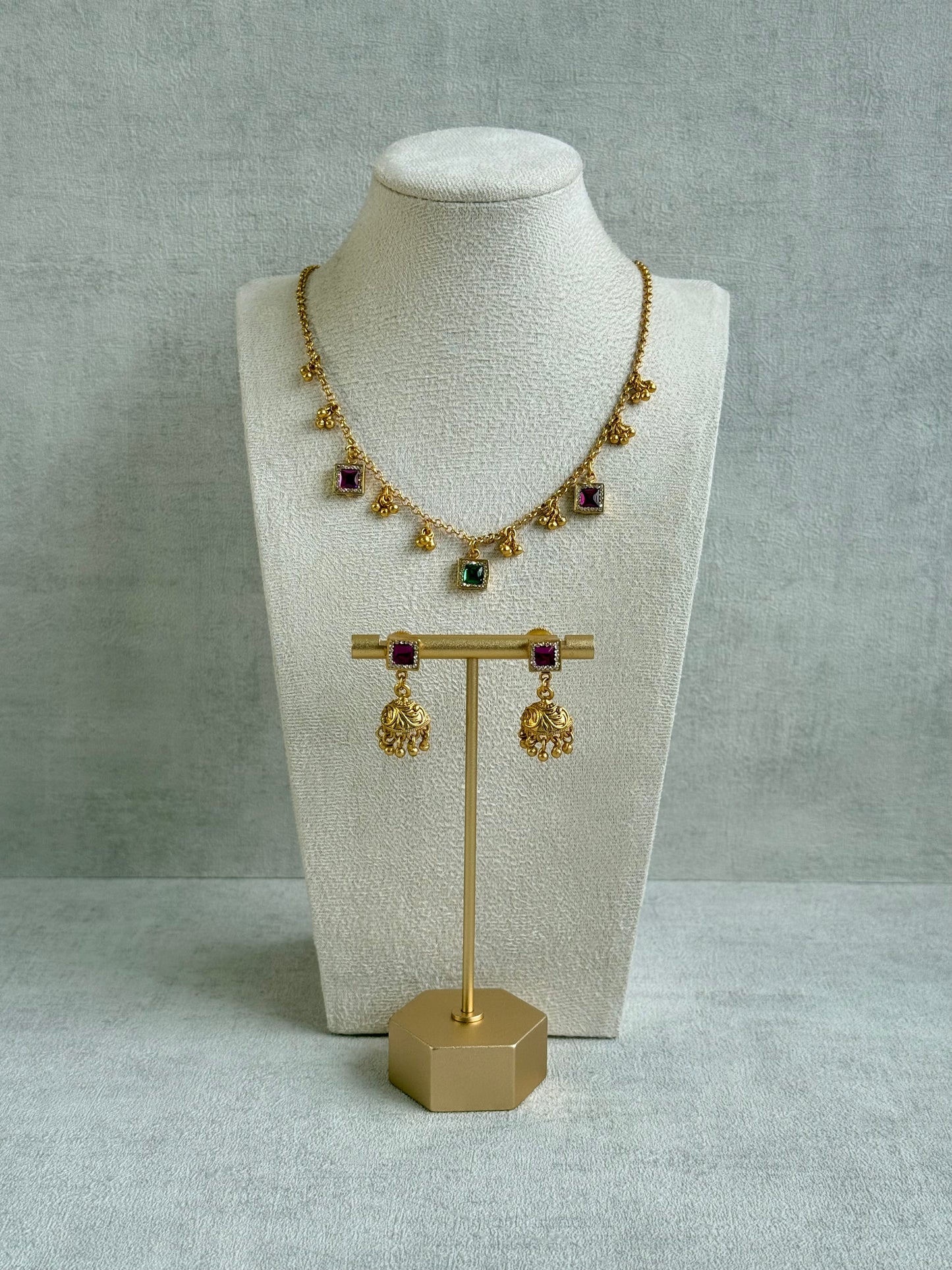 Ayura Designs Smita Set with Necklace & Earrings – Ruby Pink & Emerald Green Stones with Gold-Tone Ghungroo Detailing