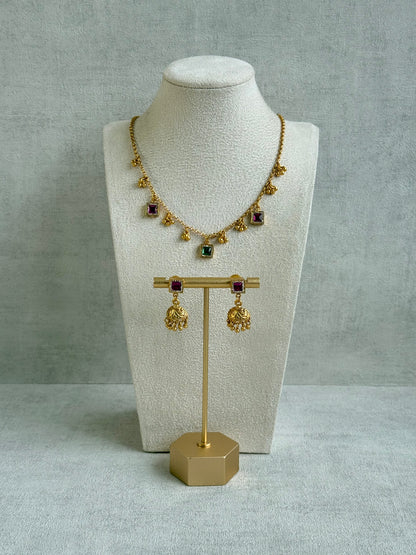 Ayura Designs Smita Set with Necklace & Earrings – Ruby Pink & Emerald Green Stones with Gold-Tone Ghungroo Detailing