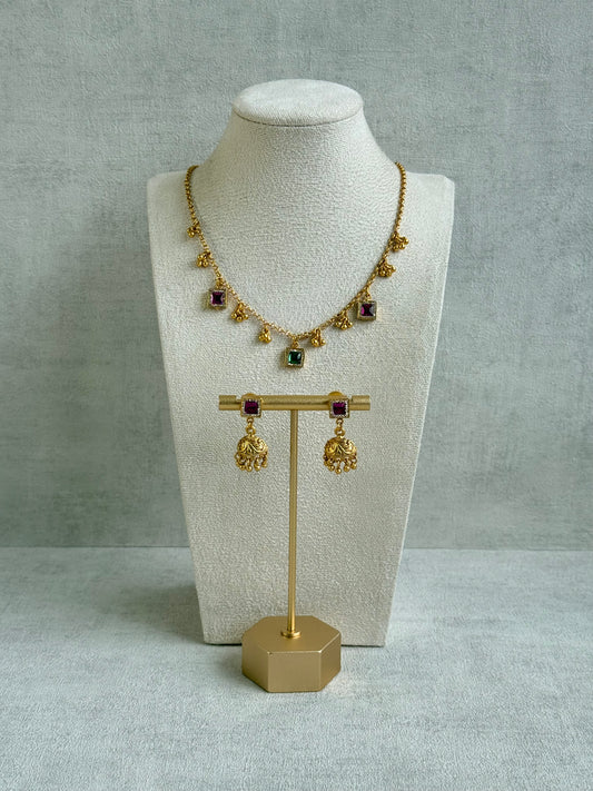 Ayura Designs Smita Set with Necklace & Earrings – Ruby Pink & Emerald Green Stones with Gold-Tone Ghungroo Detailing